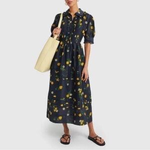 Lee Mathews Ketty Puff Sleeve Navy Floral Button-Front Midi Dress- 3